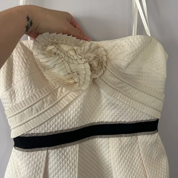 BCBGMaxAzria Strapless Leather Rosette Cocktail Party Dress, EC, Bone, Size 10 - Picture 2 of 9